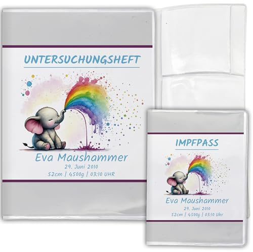 Personalisierte U-Heft Hülle & Impfpasshülle Set 3-teilig, Elefant | Mit Name & Geburtsdaten, Geschenk zur Geburt