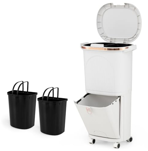 GIANTEX Cubo de Basura de Cocina 38L, Papelera de Reciclaje Vertical con Ruedas, 3 Cubos Extraíbles y Ganchos, Contenedor de PP con Tapa y Pedal, para Oficina, Baño (Blanco)