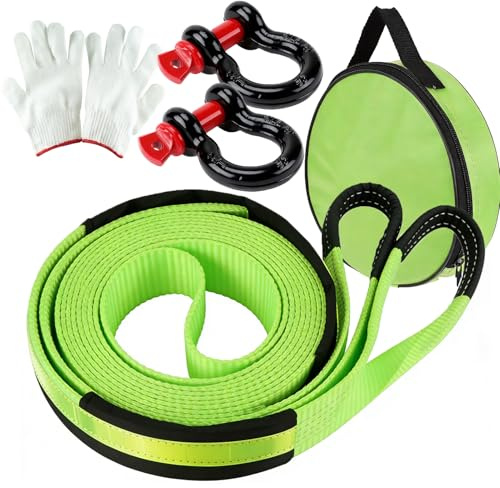 Tow Rope 5M x 5cm,10 Ton (22,000 Lbs) Off-Road Recovery Tow Strap with 2 Reinforced Shackles,Storage Bag & Gloves Heavy Duty Towing Rope for Saloon, SUV, Off-Road Vehicle Recovery