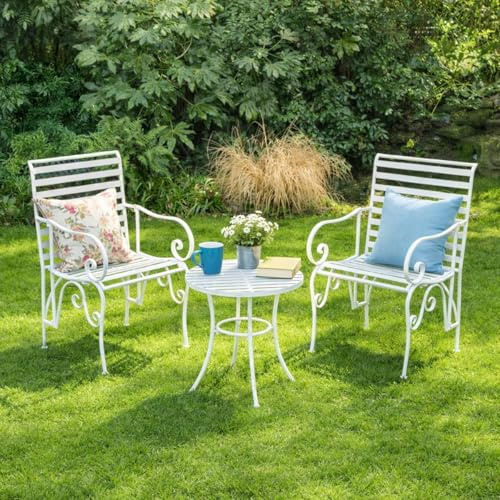 Melody Maison Ornate Metal White Round Garden Table & Set of 2 Ornate Garden Chairs