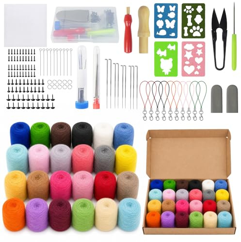 ZKAILCF Filzwolle Trockenfilzen Starterset Kinder 157 Stk Märchenwolle zum Filzen 24 Farben 120g Filzset für Anfänger Nadelfilzen set für Filz set Trockenfilzen und Nassfilzen DIY Handwerk