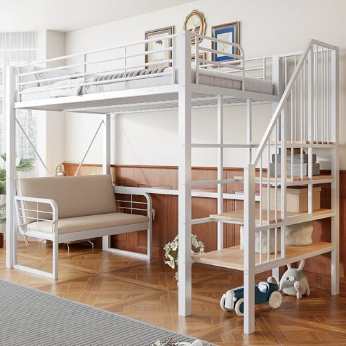 chellago Etagenbett 90x200 cm mit Polstersofa & Stauraumleiter – Metall-Etagenbett für Kinder, Jugendliche & Erwachsene, abnehmbares Sofa, Sicherheitstreppe, weiß