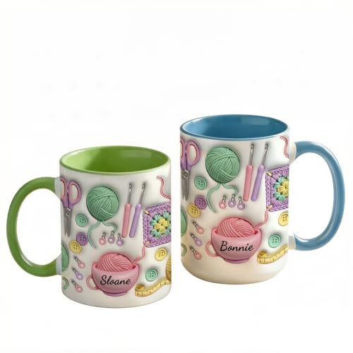 Personalisierte lustige Kaffeetasse für Frauen – Häkelhaken, Strickmuster, Keramik-Teetasse mit Untersetzer, originelles Geschenk für Mutter, Oma & Strickfans, Deko für Zuhause