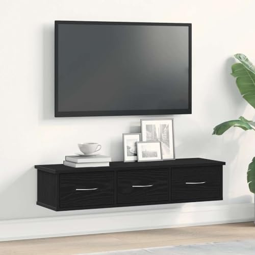 YNGBHFNOP Wandschrank Schwarz Eichen-Optik 88x26x18, 5 cm Holzwerkstoff Hängeschrank mit 3 Schubladen, schwebendes TV-Element für Wohnzimmer Flur, langlebig und 50 belastbar, einfache Wandmontage