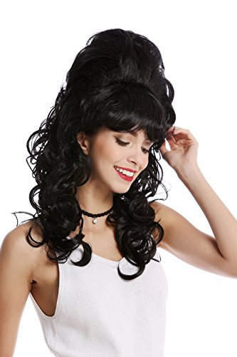 WIG ME UP - GF-W2418-1B Perücke Damenperücke Barock 60er retro riesig Beehive Hochsteckfrisur Dutt lockig lang Pony schwarz