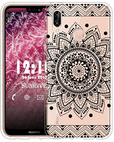 Sunrive Für Huawei P20 Lite Hülle Silikon, Transparent Handyhülle Schutzhülle Etui Case für Huawei P20 Lite(TPU Blume Schwarze)+Gratis Universal Eingabestift
