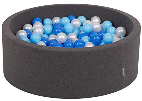 KiddyMoon OK30D-041 Bällebad 90X30cm/200 Bälle ∅ 7Cm Bällepool Mit Bunten Bällen Für Babys Kinder Rund, Dunkelgrau:Baby Blau/Blau/Perle