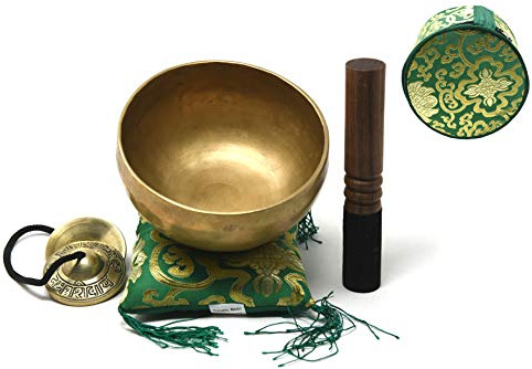 Cuenco tibetano de 6 pulgadas para meditación, curación de sonido, yoga y terapia de sonido. Hecho de 7 metales. Thamelmart - Mazo de piel de ante con cojín (madera), diseño de caja y Tingsha