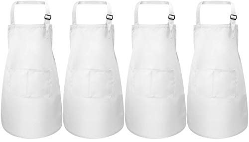 4 Piezas Blanco Delantales para Niños, Infantil Delantal con 2 Bolsillos para Niños Niñas, Ajustable Niñito Delantales de Cocina Chef Cocinero para Cocinar Hornear Pintura Artesanía (7-13 Años)