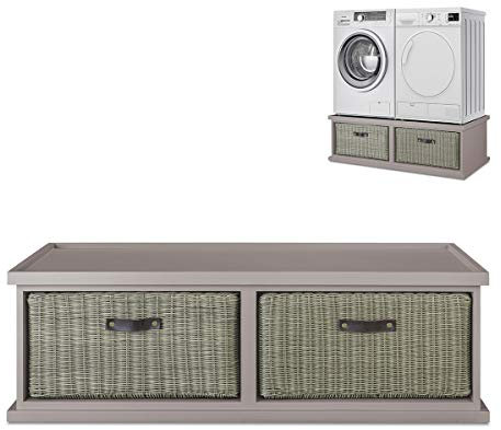 Tetbury washing machine and dryer raiser, pedestal stand with drawer. Double laundry pedestal with storage and adjustable rubber feet in Truffle. Assembled