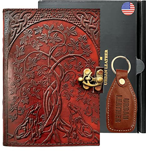 URBAN LEATHER Wolf Tree of Life Scrapbook Grimoire Journal Book of Shadows for Men Women & Teens to Write in, Vintage Brown Handmade Small Sketchbook Writing Notebook, Blank Unlined Unlined Unlined
