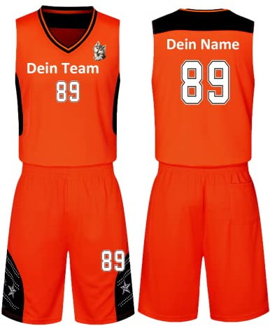 HDSD Benutzerdefiniert Trikot Kinder Erwachsene Basketball Jersey & Shorts 2 Teiliges Set Name Nummer Team Logo Personifizieren Basketball Trikots (Orange)