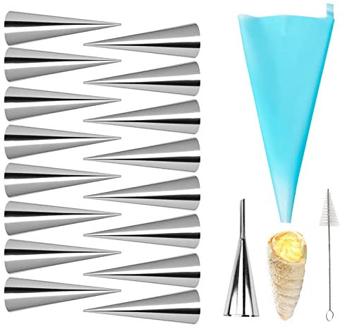 Cannoli Röhrchen, FantasyDay 19 Stück Schillerlockenform aus Edelstahl Schaumrollen Hörnchen Sahnerollen Schaumrollenformen mit Reinigungsbürst - Kuchen Spritztüllen Spirale Horn Backform Backzubehör