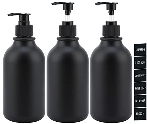 Segbeauty Distributeur Savon Noir Salle de Bain, 500ml 3Pièces Rechargeable Flacon Pompe de Shampooing et Gel Douche, Lotion, Bouteilles Vides avec Étiquette avec Pompe, pour Bain, Hôtel-Buse Plate