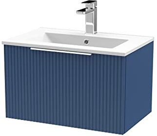 Hudson Reed DFF394B Fluted Modern Bathroom Wall Hung 1 Drawer Vanity Basin Unit with Minimalist Ceramic Basin, 600mm, Satin Blue