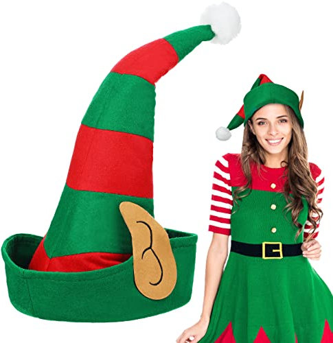 SATINIOR Weihnachten Elfen Hut mit Ohren Elfen Mütze für Erwachsene Neuheit Weihnachtself Hut Lustige Rote und Grüne Weihnachten Elfen Kopfbedeckung mit Plüsch Bommel für Damen Herren Kostüm