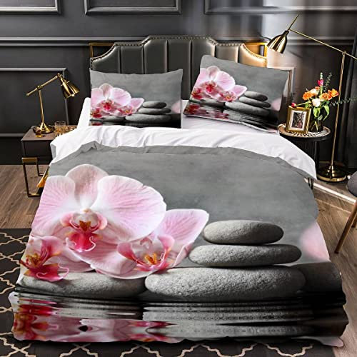 LUKAVA Kinderbettwäsche Zen-Stein Bettwäsche 135x200cm Kinder 3teilig Orchidee Bettbezug flauschig Mikrofaser Einzelbett Bettbezüge mit 2 Kissenbezug