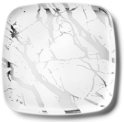 Decorline - Plateau de Service - Lot de 4 - Plats à Servir en Marbre en Plastique Réutilisable Robuste, Plateaux Traiteur de présentation/décoration Pour de Fête Buffet - Carré 35x35 - Blanc/Argent