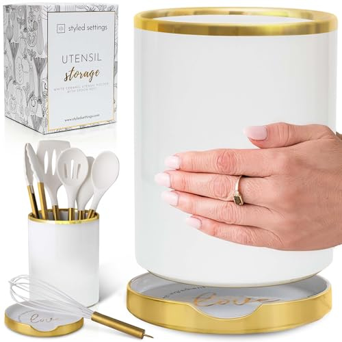 STYLED SETTINGS Weißer Utensilienhalter mit integrierter Löffelablage – 2-teiliges Set in Weiß und Gold – Stilvolles Küchenzubehör für Arbeitsplatten – Ohne Utensilien
