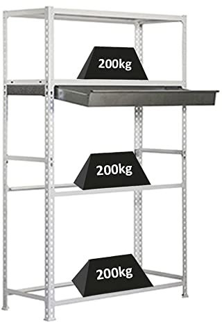 PROREGAL Reifenregal mit Schubfach und Ablagefläche Metal Shark No. 3 | HxBxT 200x120x40cm | 12 Reifen | Weiß Reifenständer Garagenregal