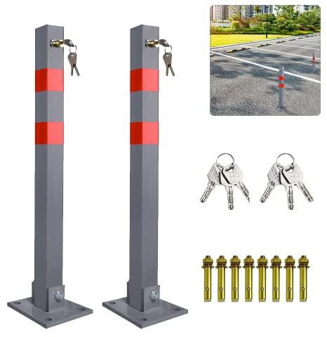 Tubiaz 2 Stück Parkplatzsperre Parkpfosten Klappbar Absperrpfosten mit 3 Schlüssel, Parkplatzsperren mit Reflexstreifen, Robust und Stabil Sperrpfosten