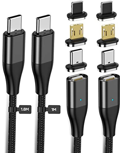 YKZ USB C Magnetisches Ladekabel [2er Pack, 1m/2m], 60W PD Schnellladung mit 3 Magnetischen Tipps (USB-C, Micro USB, i-Product) für Handys/Tablets