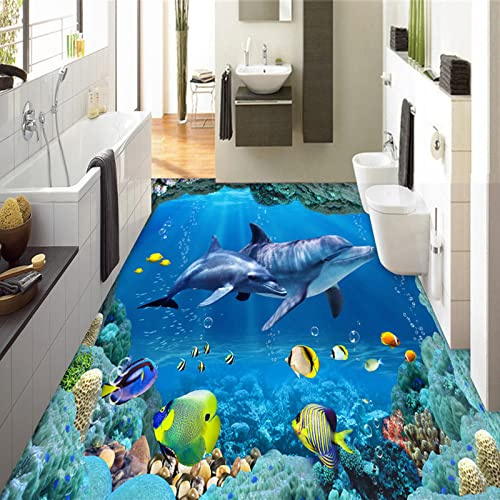 Autocollants De Sol De Salle De Bain Imperméables Personnalisé Photo Papier Peint 3D Stéréo Monde Sous-Marin Dauphins 3D Carrelage Peintures Murales Salle De Bains Salon Imperméable Pvc Papi