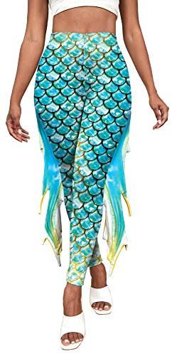 Meerjungfrau Leggings für Frauen 3D gedruckt Fischschuppen Hose mit Flossen Meerjungfrau Schwanz Kostüm Hohe Taille Drachen Print Legging, C Grün, Groß