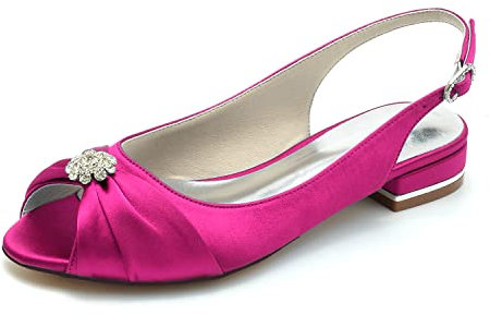 Women's Peep Toe Flat Pumps Satin Wedding Dress Shoes Slingback Evening Party Comfort Bridal Flats Sandals with Buckle,Fuchsia,3 UK
