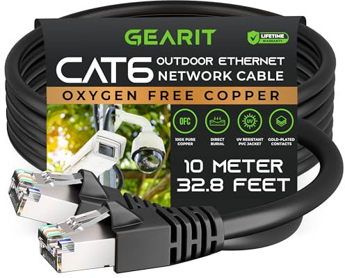 GearIT Cat6 Outdoor Ethernet Cable (10m) 23AWG Pure Copper, FTP, LLDPE, Waterproof, Direct Burial, In-Ground, UV Resistant, POE, Network, Lan, Internet, Cat 6, Cat6 Cable - 10 Meters