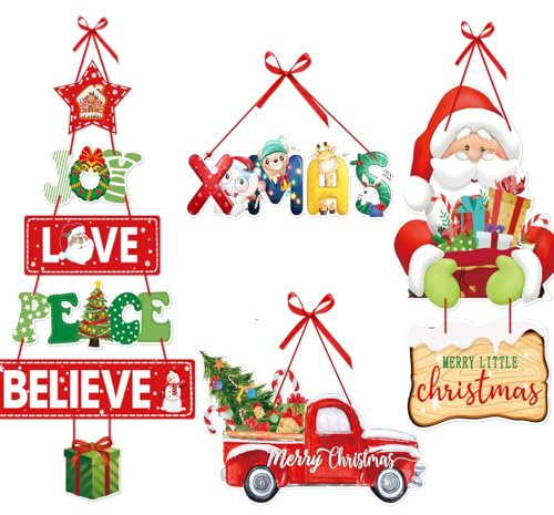 Leixi 4pcs Hanging Christmas Door Decorations, X-MAXS,Santa Claus,Snowman.Sign for Front Door Home Window Wall Xmas Holiday Indoor Outdoor Decor
