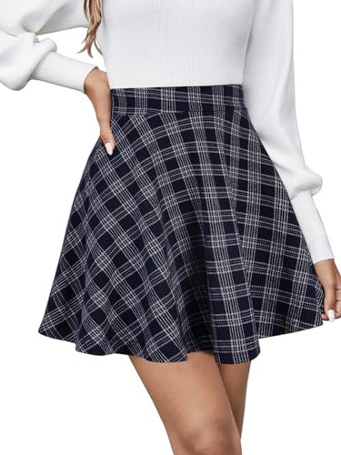 REORIA Damen ausgestellte A-Linie Faltenröcke Mini Karierter Rock Tennis Schule Tanz Skort Cheerleader Kostüm Marineblau Kariert L