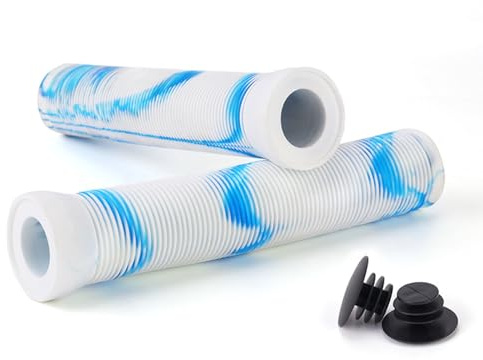 Wilitto Scooter Grips Fahrradlenkergriffe mit Spundenden, flanschlose Lenkergriffe aus weichem Gummi, Mountainbike-Griffe, Griffe für Stunt-Scooter, MTB, BMX, Urban Bike, Dreirad, Rollstuhl Weiß Blau