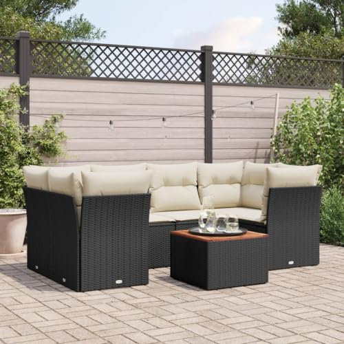 ULUYYUC 7-TLG. Garten-Sofagarnitur, Eckbank Küche Bodensofa Eckbankgruppe Polsterbank Geeignet für Hinterhof Balkon Außenbereich Garten mit Kissen Schwarz Poly Rattan