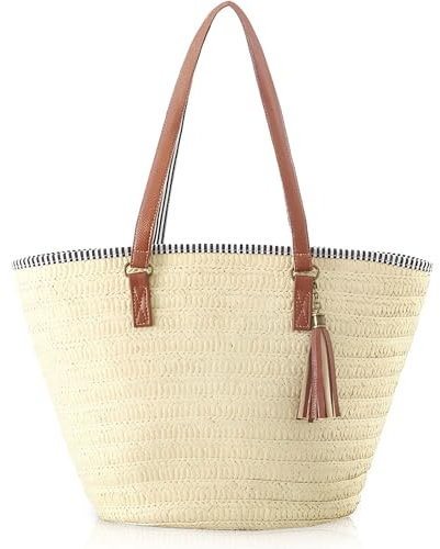 LATRAT Stroh Handtasche Damen Sommer Taschen Umhängetasche, Groß Geflochten Korbtasche Stroh Handtasche Basttasche mit Reißverschluss und Leder Schultergurt, Beige