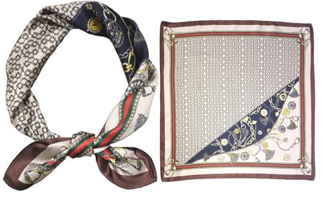 GIMIRO Schal aus imitierter Seide [53 x 53cm] Quadratische Schals Impressionismus-Muster Vintage-Schal für Büroarbeit oder lässigen Bund (87# AJ01 Cream/Navy)