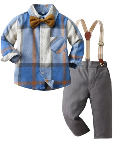 Kunyeah Junge Gentleman Plaid Outfits Kleinkind Langarm-Shirt mit Schleife Krawatten Hosenträger Hosen Kind Kleid Anzug für 1-7 Jahre