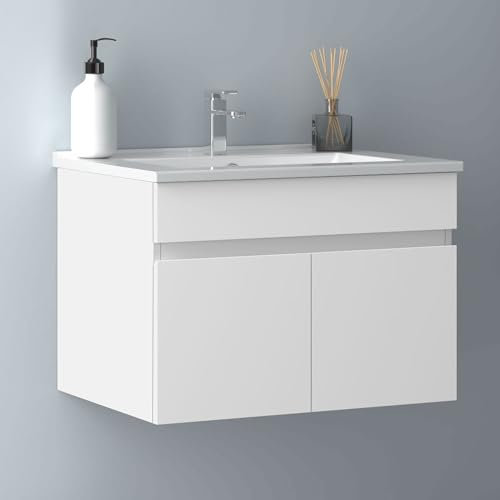 Biubiubath Badezimmer Badmöbel 60cm Dünn Keramik Waschtisch mit Unterschrank Hängeschrank Weiß Matt Badezimmerschränke Badschrank mit 2 Soft-Close Türen
