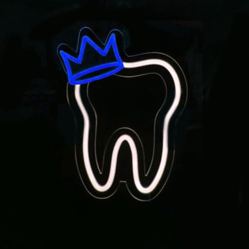 HFHungkeong Zahn Neonschild mit Krone,LED Neonschild,Zahndekoration, Zahnarztpraxis Licht,Zahnarztzubehör Dekoration,LED Neonschilder für Zahnmedizin Wanddekoration Geschäftsschild Geschenk,35x27CM