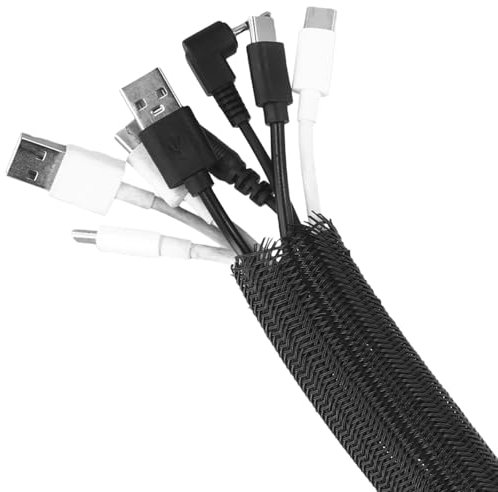 QWORK® Gaine Cable 2m, 25-39mm Gaine Cable Tressé Auto-Enroulable, Protege Cable Noir, pour Bureau, TV, Ordinateur