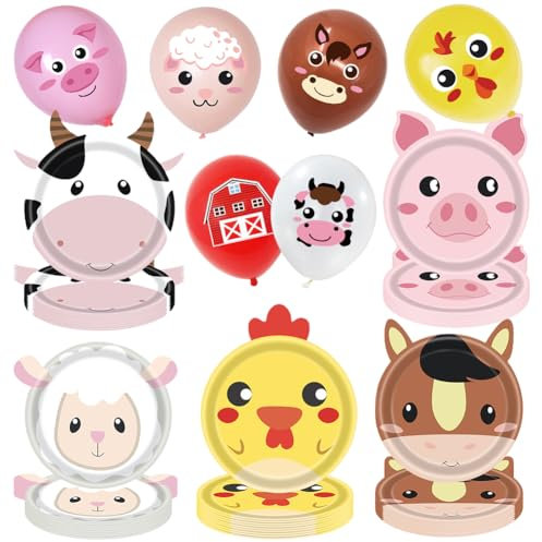 Bauernhof Partygeschirr Set, Partygeschirr Kuh, Bauernhof Geburtstag Dekoration, 56PCS Deko Bauernhoftiere Geburtstag Party Geschirr Tiere Pappteller Ballon 50 Persone