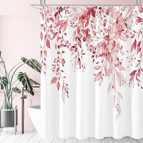 Hopomoon Tenda da doccia romantica con motivi floreali rosa Tenda decorativa per il bagno 180 x 200 cm con 12 ganci