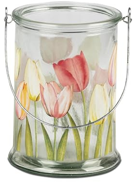 Windlicht Motiv Teelichthalter Tulpen 13x17cm aus klarem Glas mit Metall-Bügel und Lithografie-Dekor verziert