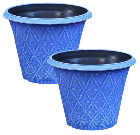 Fyne-Finds Set of 2 Round 30cm 12inch Garden Plant Pot Marine Blue Outdoor Planter Decorative Cover, Drainage Holes, Weather, Frost Proof