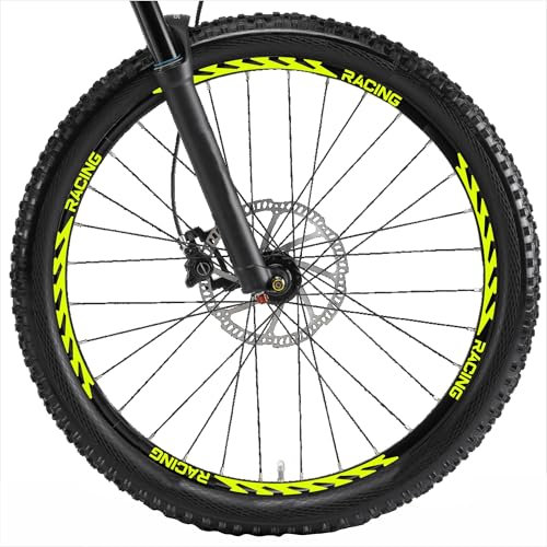 Decalart Kit adesivi per Cerchi Ruote Bici Mtb mountain bike scritta RACING completo per 2 ruote decalcomanie sticker filetto strisce L005 (029 Giallo FLUO, 28-29 Pollici)