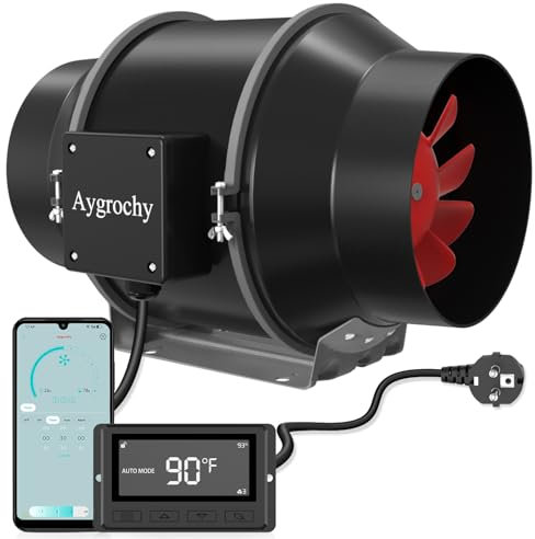 Aygrochy 125mm WiFi App Rohrventilator, EC-Motor 35W 416m³/h, 2800 U/min Abluftventilator mit Temperatur- und Feuchtigkeitsregler, Rohrlüfter für Wachstumszelte, Luftabsaugung und Rauchabzug