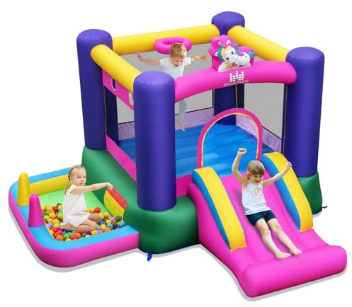 GYMAX Castello Gonfiabile da Interno/Esterno con Scivolo, Piscina di Palline, Canestro da Basket, Anelli e Palline, Centro Gioco per Bambini a Tema Unicorno, per Età 3-12 Anni