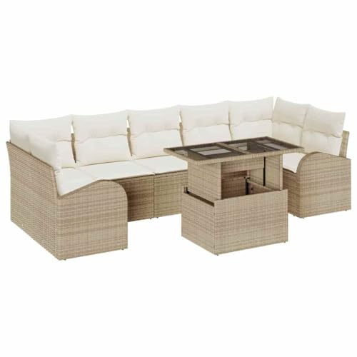 vidaXL 8-teiliges Garten-Sofa-Set mit Kissen in Beige aus Poly Rattan | Modulares Outdoor-Sofa für 5 Personen, robust, wetterfest, mit verstellbaren Füßen, modernes Loungemöbel für Deine Terrasse