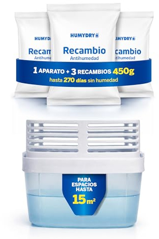 HUMYDRY Premium 450 g Luftentfeuchter + 3 Nachfüllpackungen 450 g - effektive Lösung zur Bekämpfung von zu hoher Feuchtigkeit - ideal für Zuhause, Büros und geschlossene Räume
