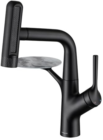 Robinet de Lavabo Noir Robinet Salle Bain avec Douchette Extractible | Robinet Lavabo Douchette Extensible LakeBayMZC, Mitigeur Monocommande avec 6 Types de Jets pour Lavabos de Salle de Bains